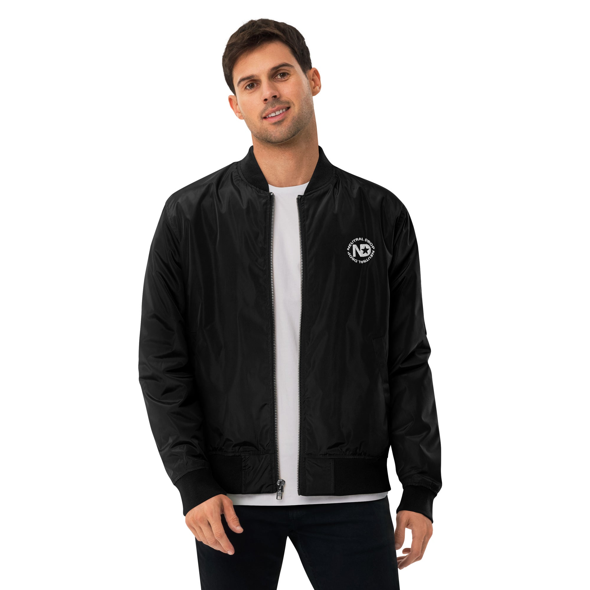 Premium recycled bomber jacket with Neutral Drop logo front and back