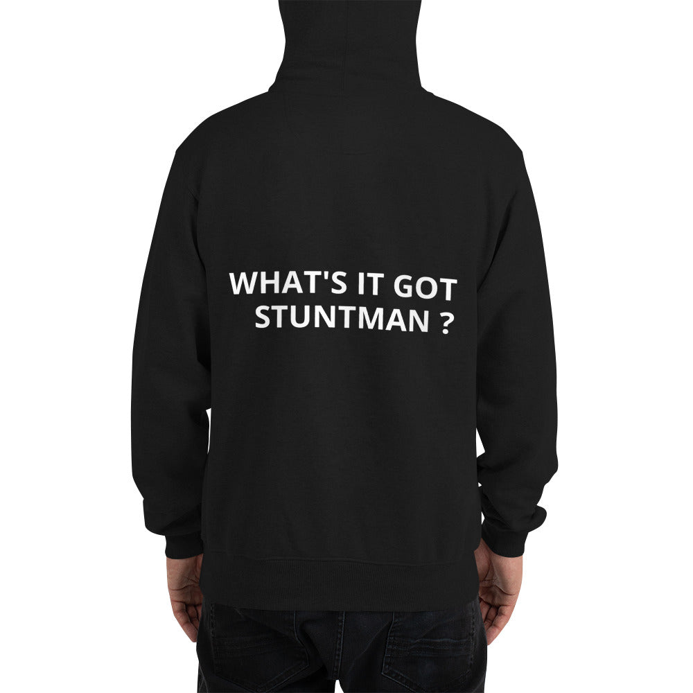 Front Neutral Drop Logo/ What's It Got Stuntman Back Champion Hoodie