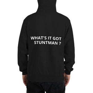 Front Neutral Drop Logo/ What's It Got Stuntman Back Champion Hoodie