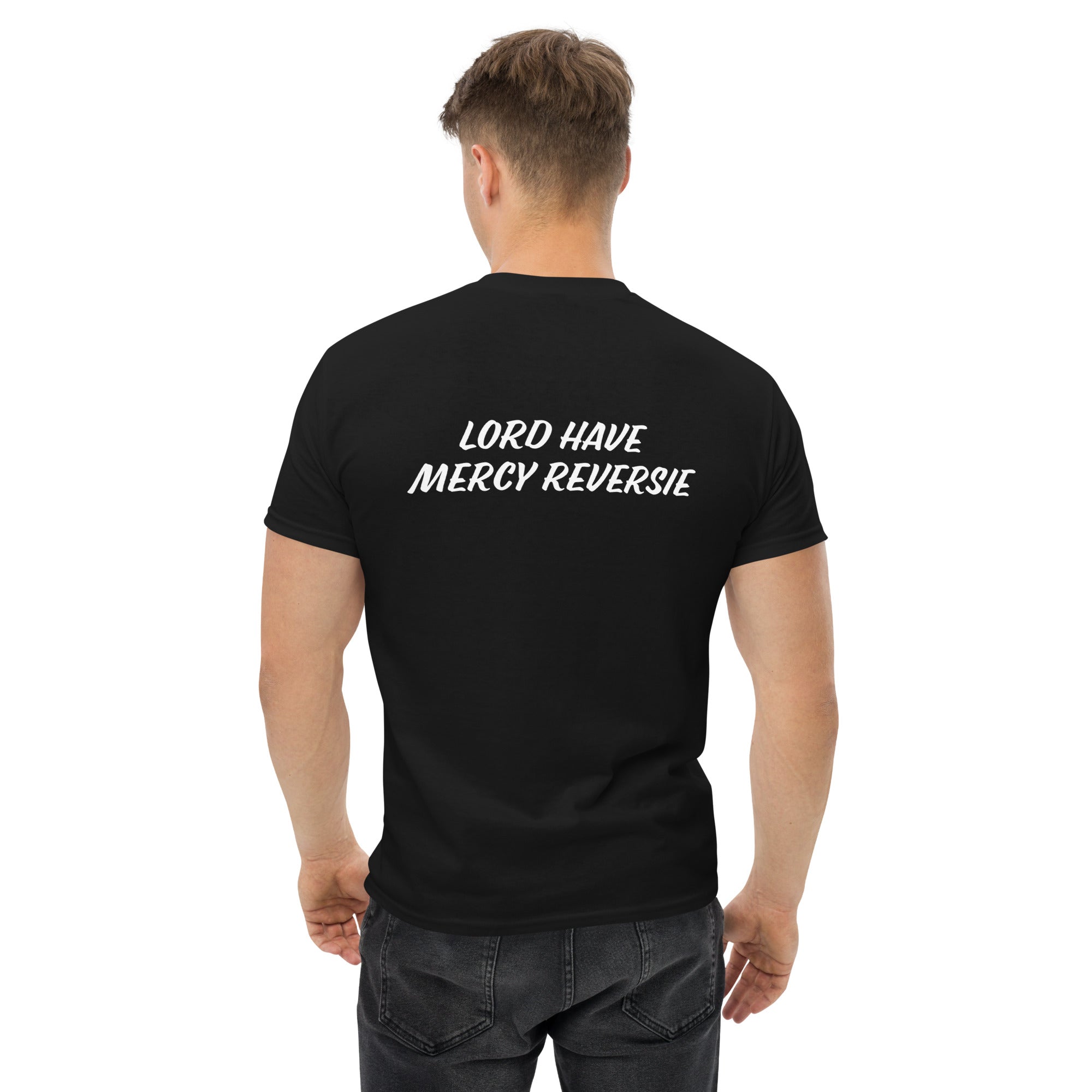 Men's classic tee w/Neutral Drop Logo on Front and No Mercy Reversie on back