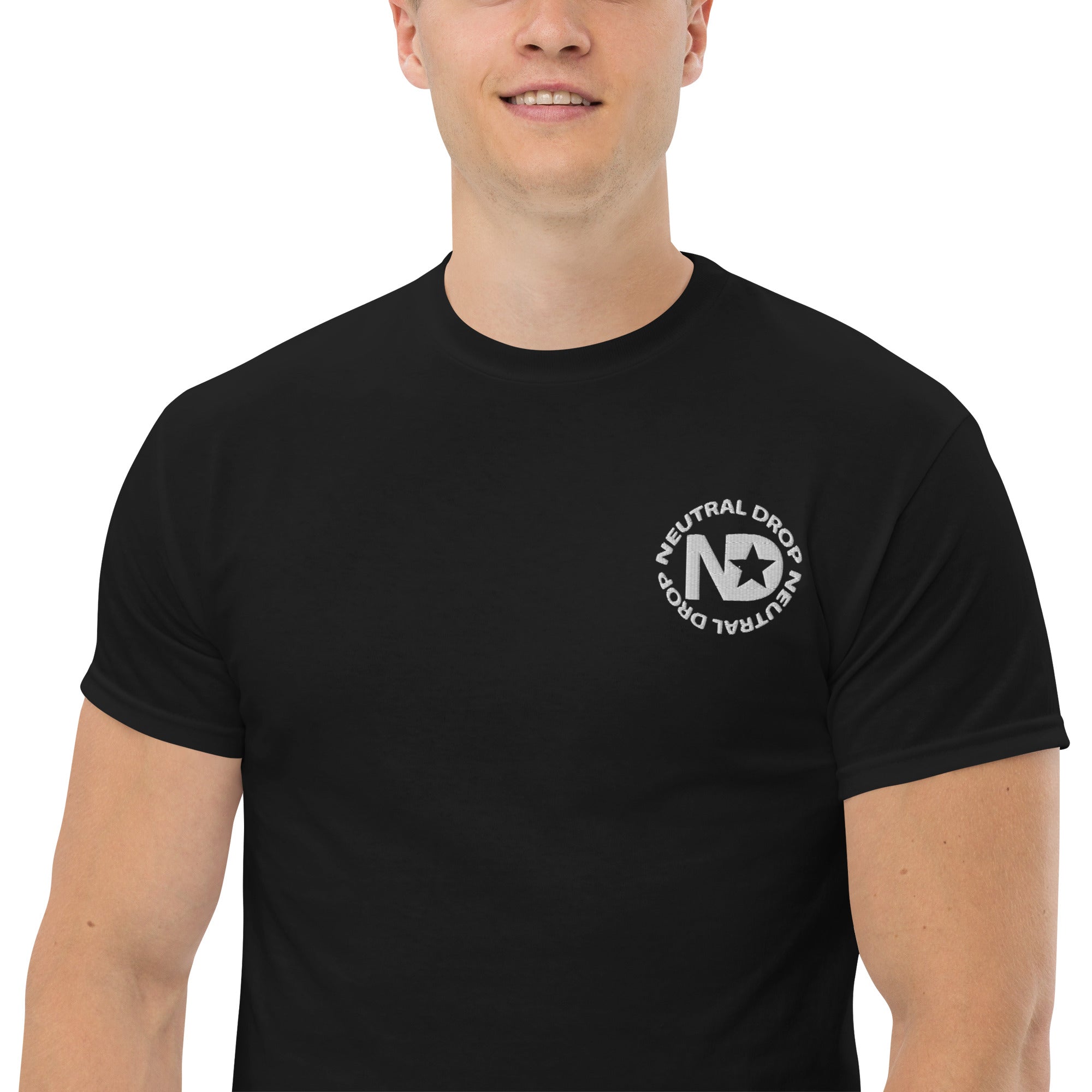 Men's classic tee w/Neutral Drop Logo on Front and No Mercy Reversie on back