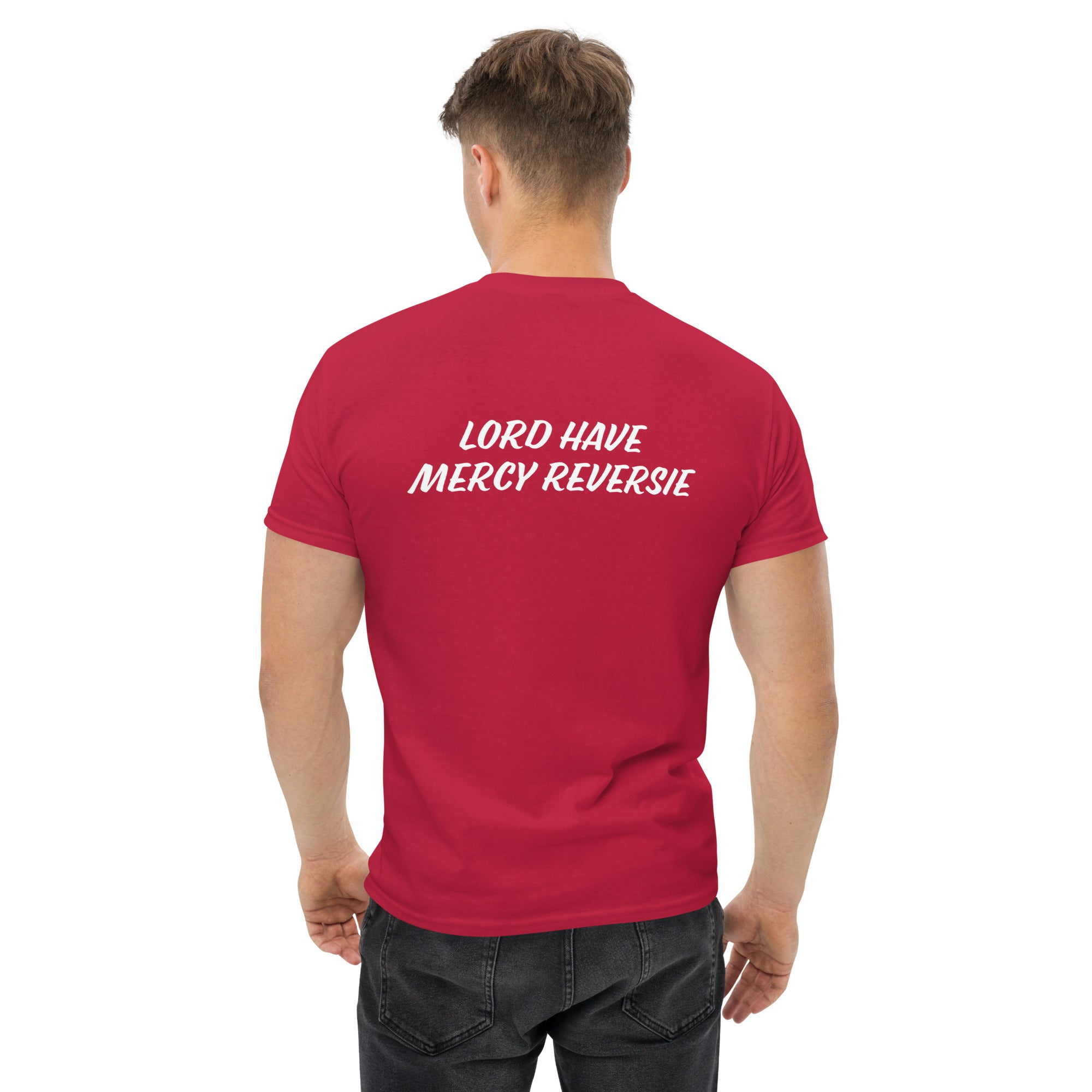 Men's classic tee w/Neutral Drop Logo on Front and No Mercy Reversie on back