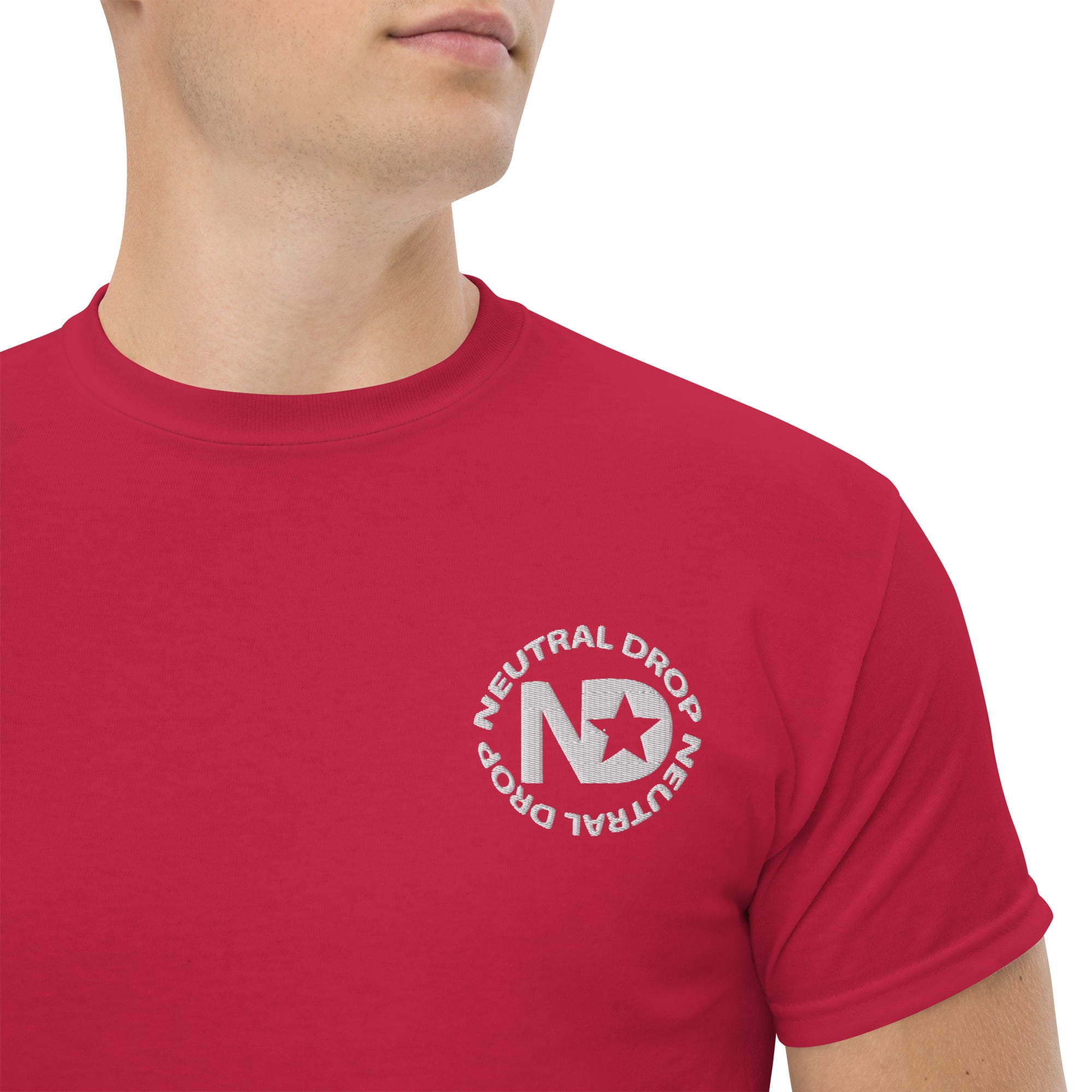 Men's classic tee w/Neutral Drop Logo on Front and No Mercy Reversie on back