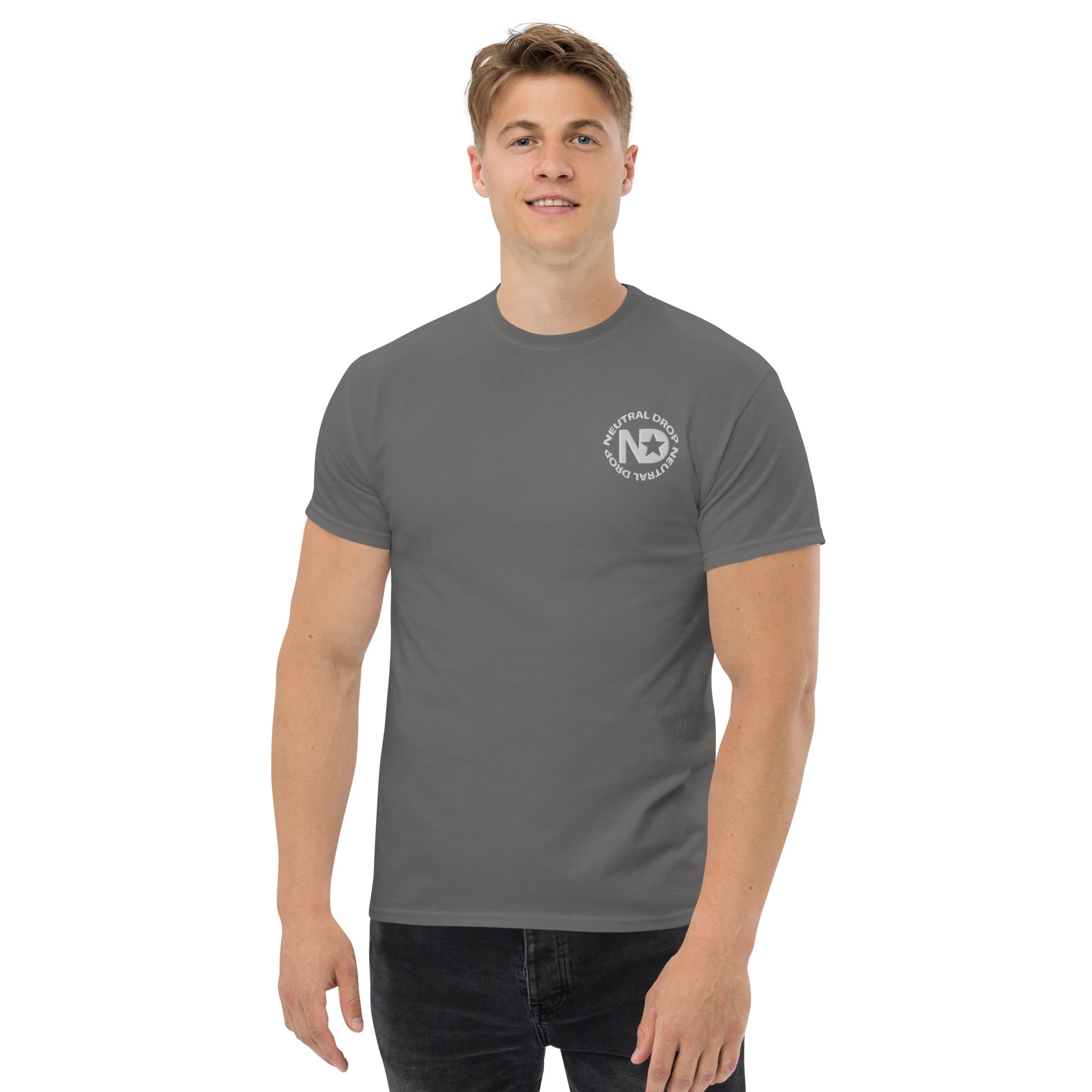 Men's classic tee w/Neutral Drop Logo on Front and No Mercy Reversie on back