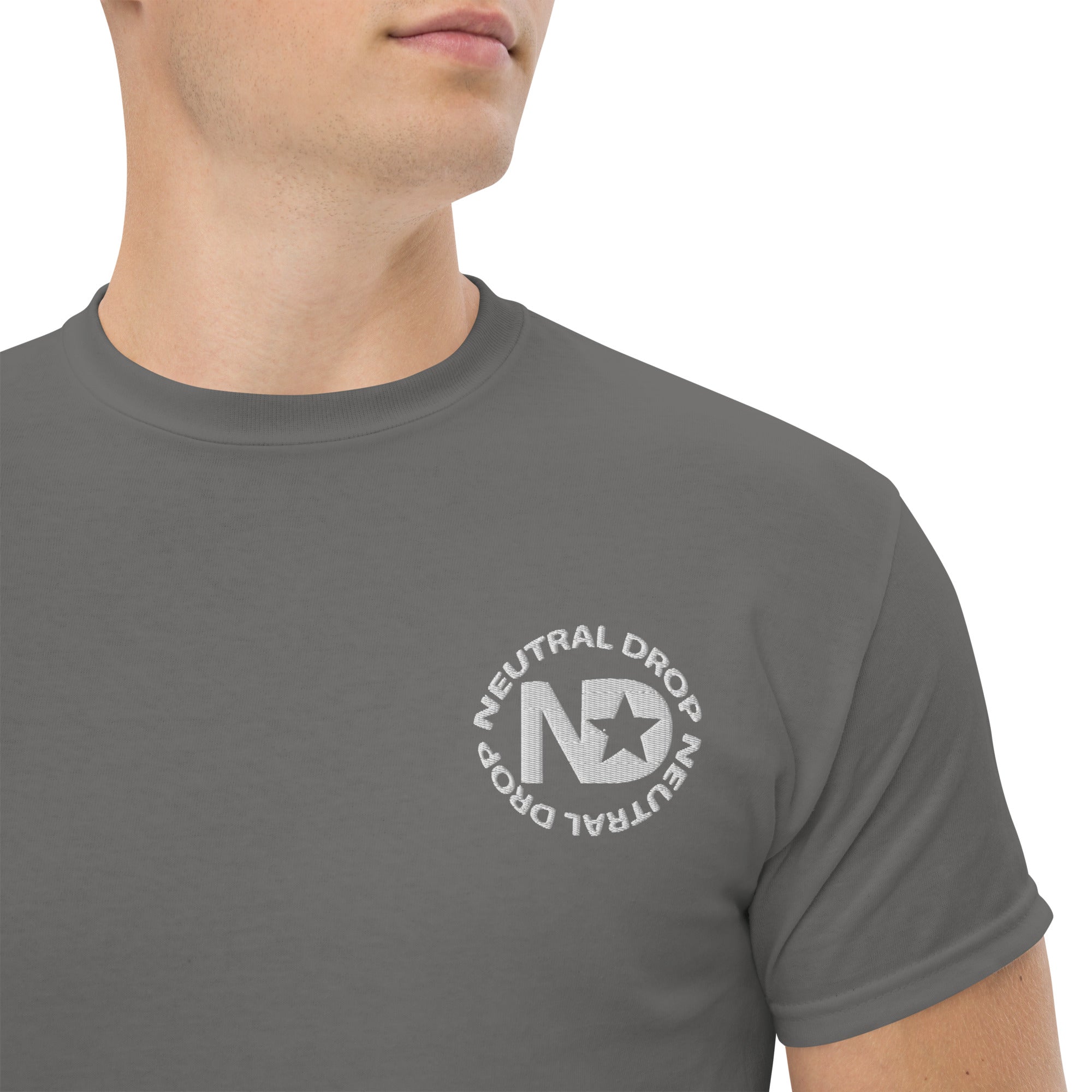 Men's classic tee w/Neutral Drop Logo on Front and No Mercy Reversie on back