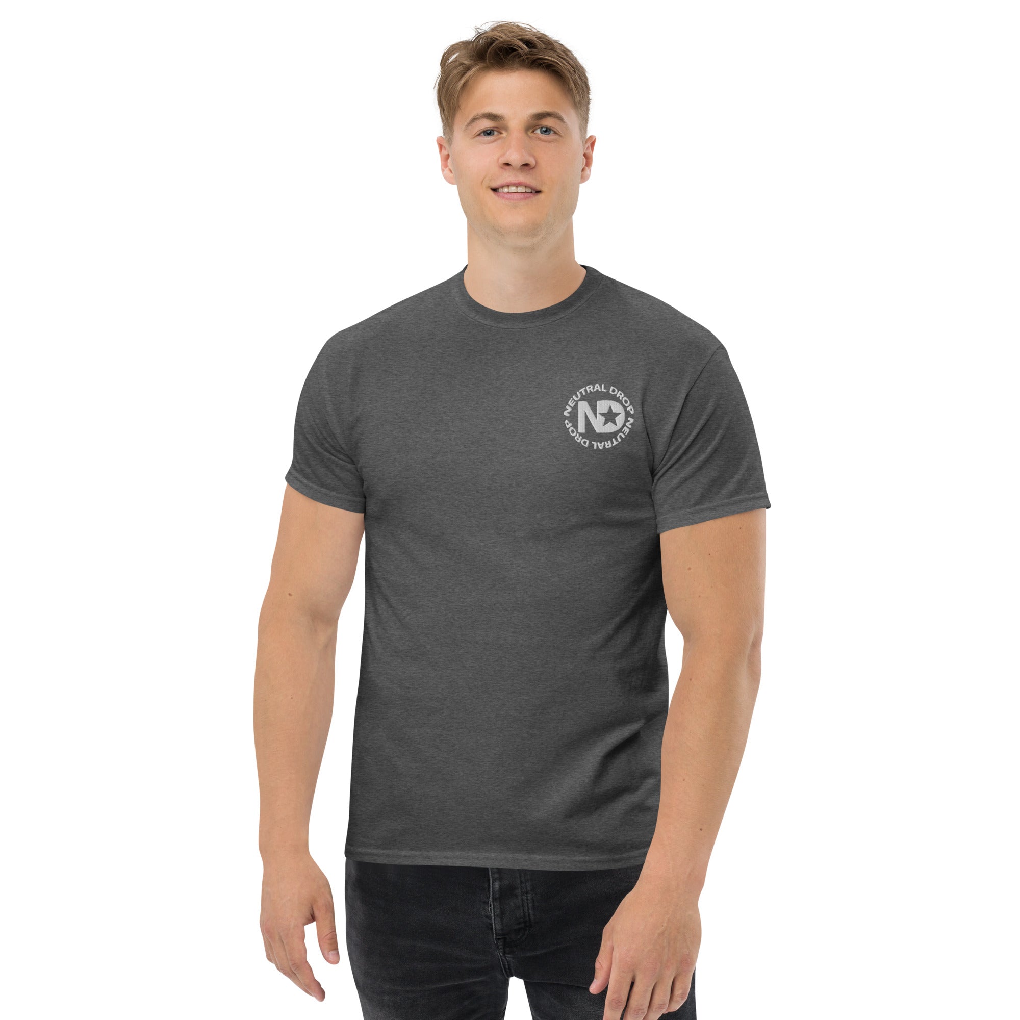 Men's classic tee w/Neutral Drop Logo on Front and No Mercy Reversie on back