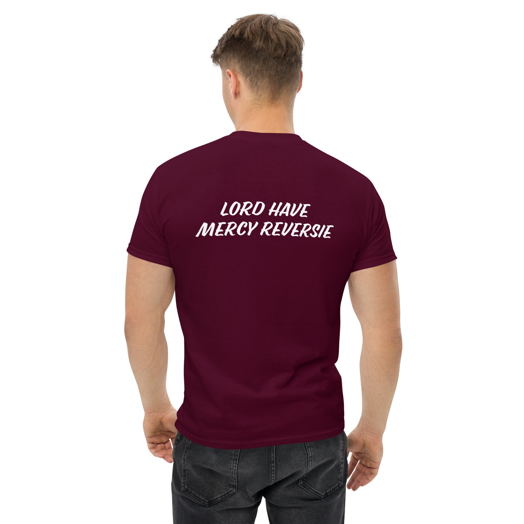 Men's classic tee w/Neutral Drop Logo on Front and No Mercy Reversie on back