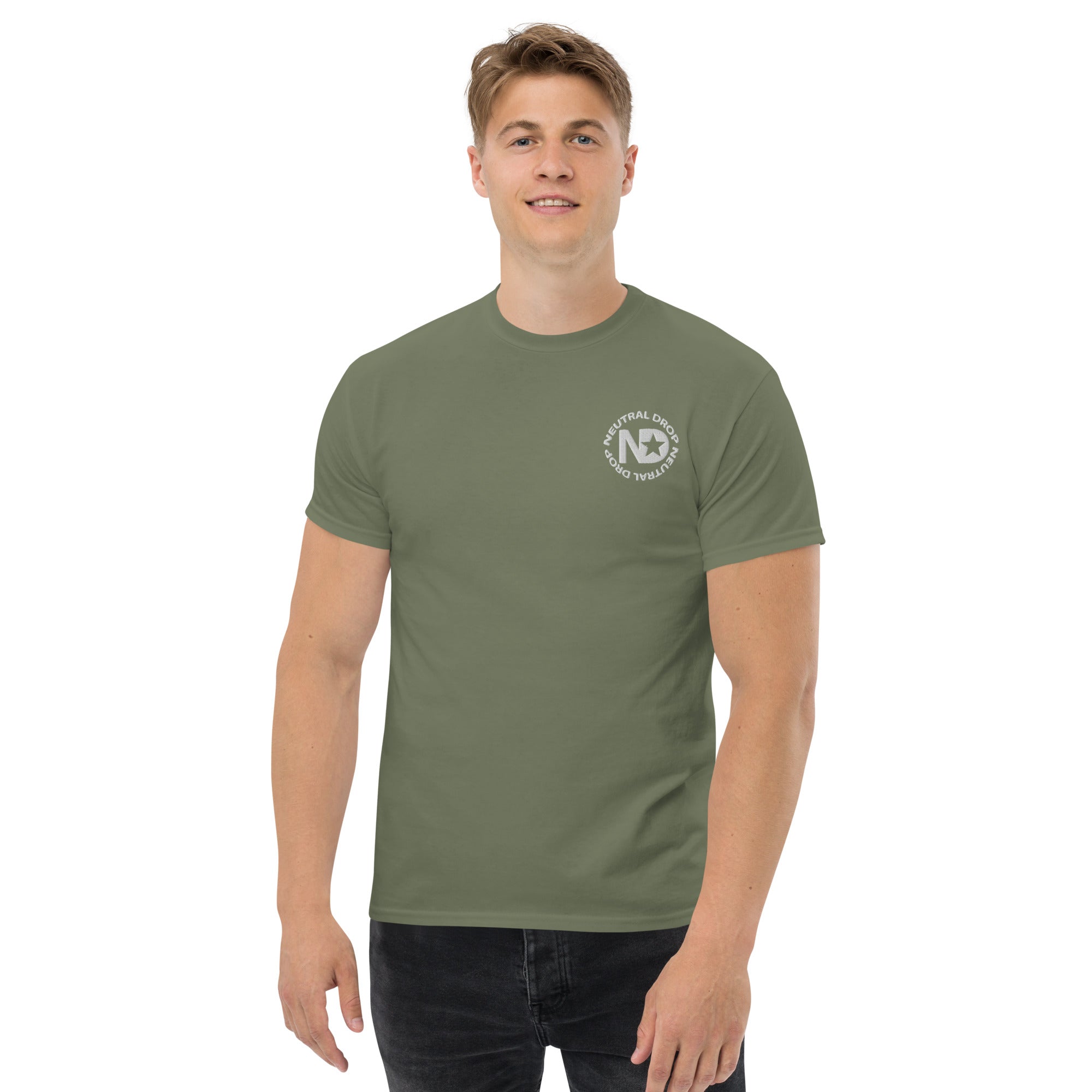 Men's classic tee w/Neutral Drop Logo on Front and No Mercy Reversie on back