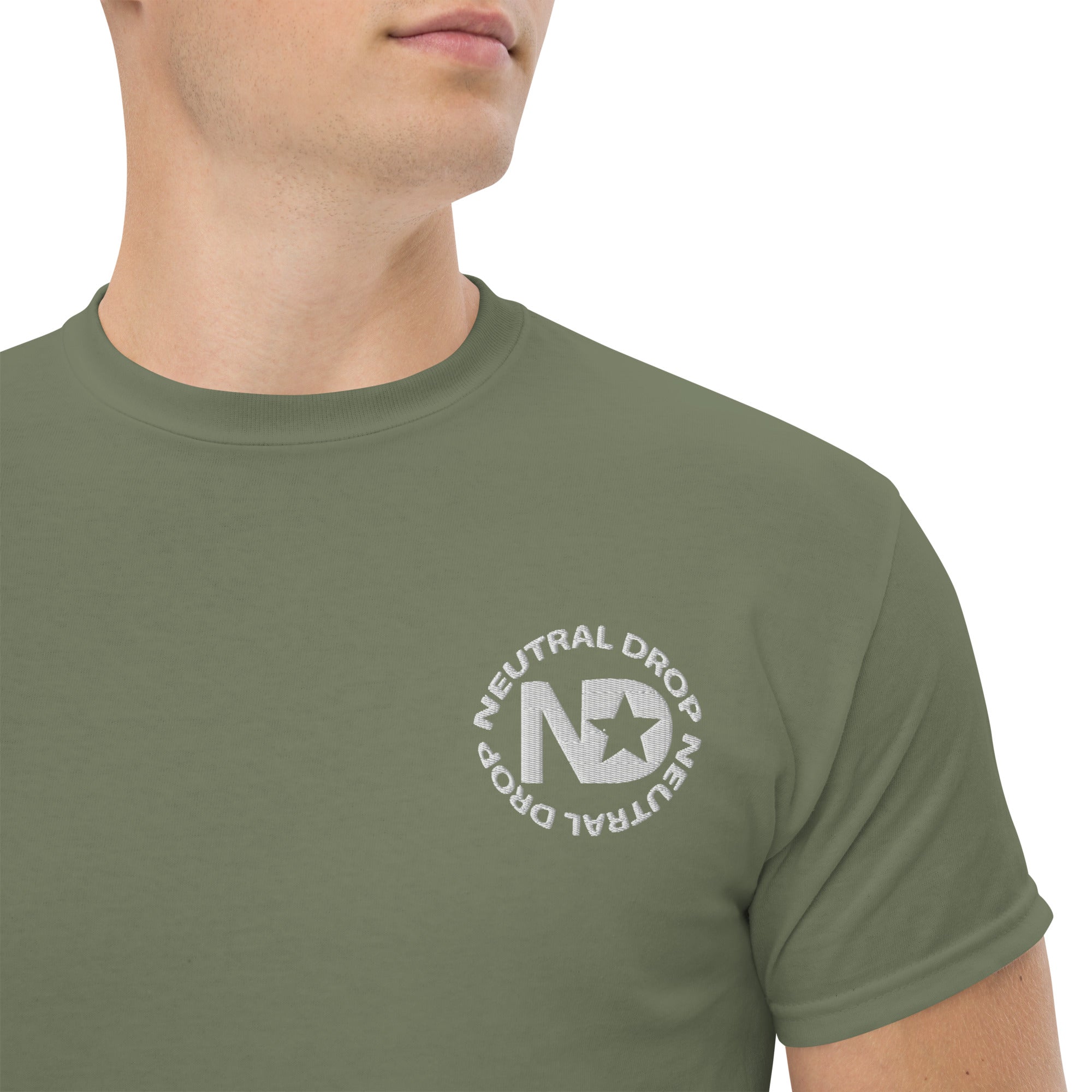Men's classic tee w/Neutral Drop Logo on Front and No Mercy Reversie on back