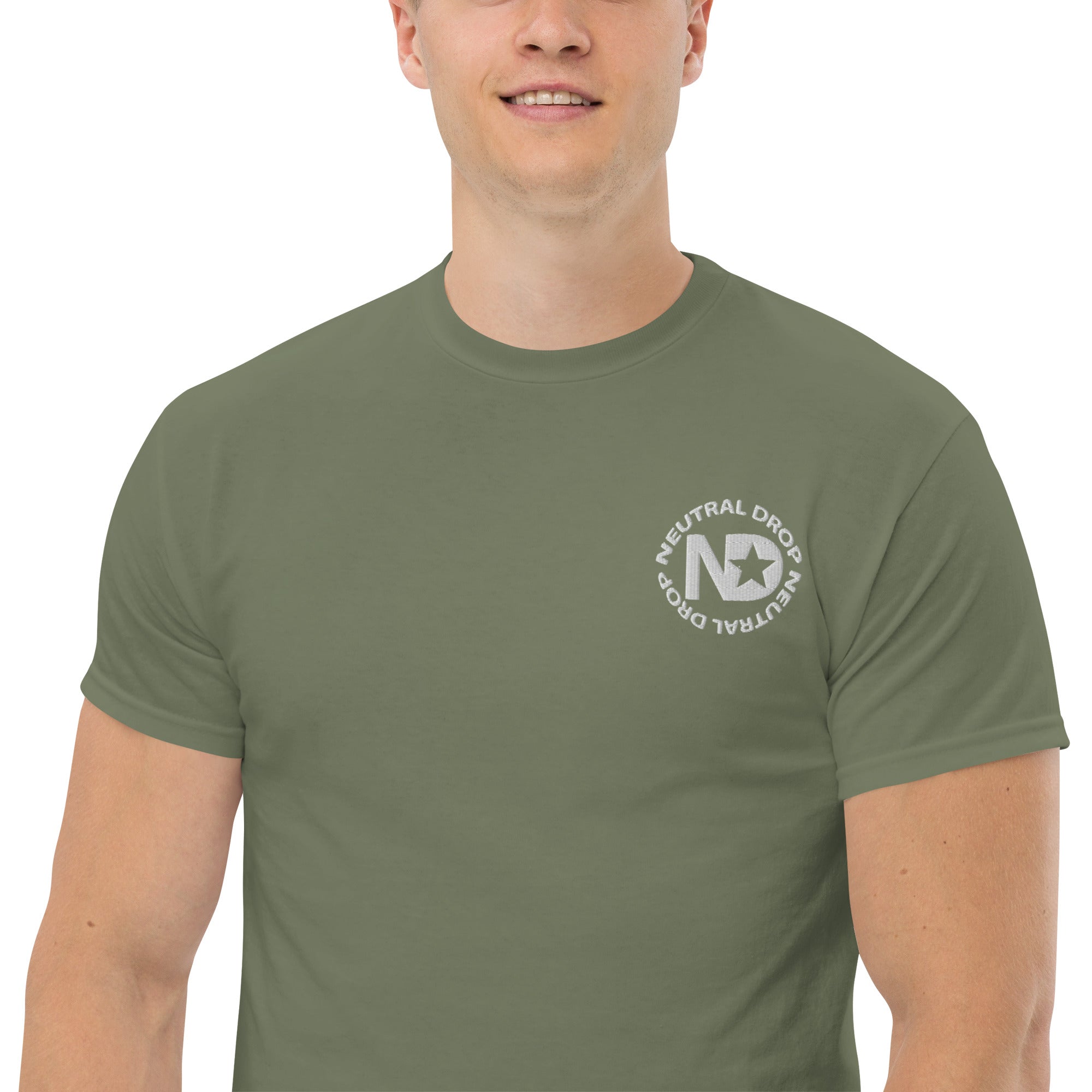 Men's classic tee w/Neutral Drop Logo on Front and No Mercy Reversie on back