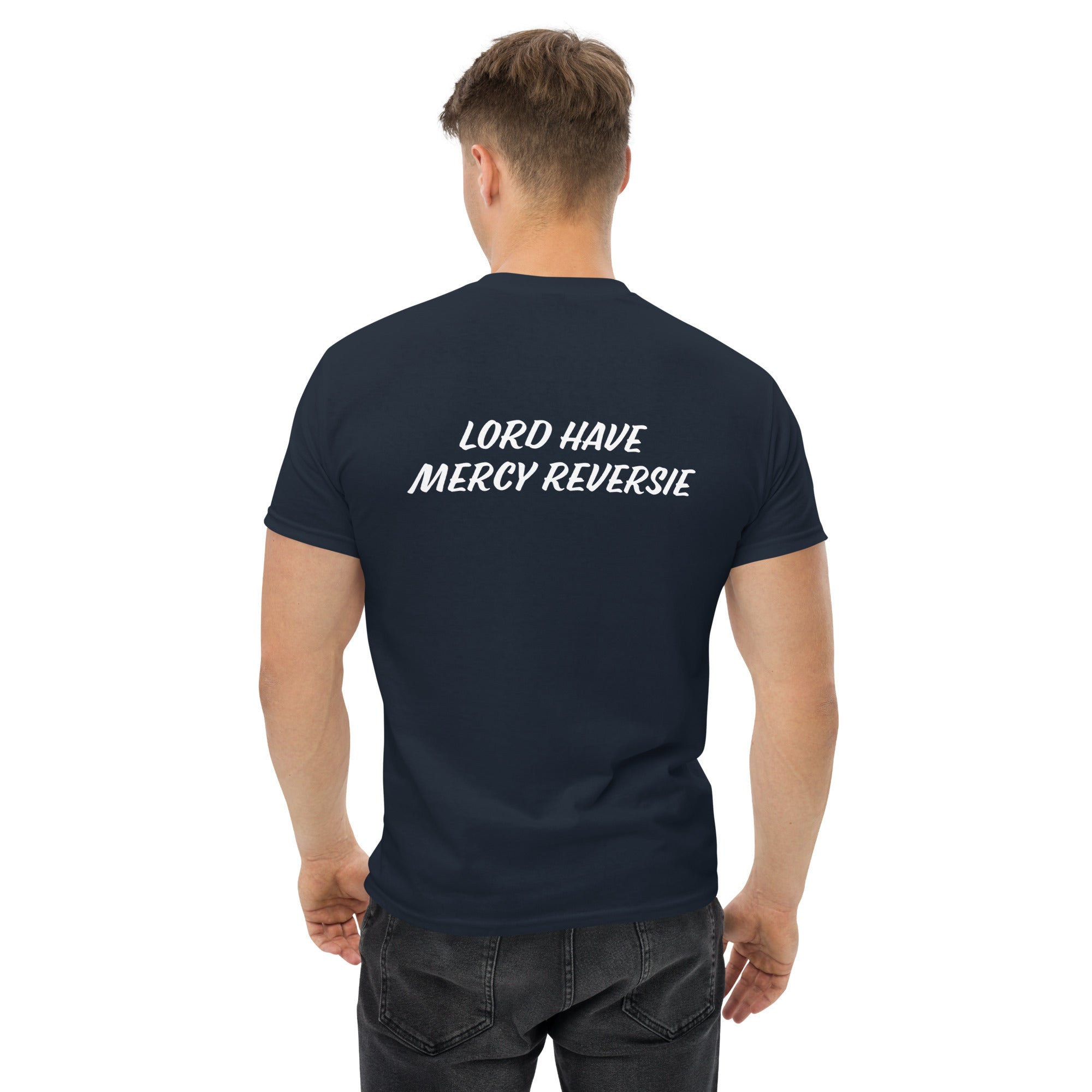 Men's classic tee w/Neutral Drop Logo on Front and No Mercy Reversie on back