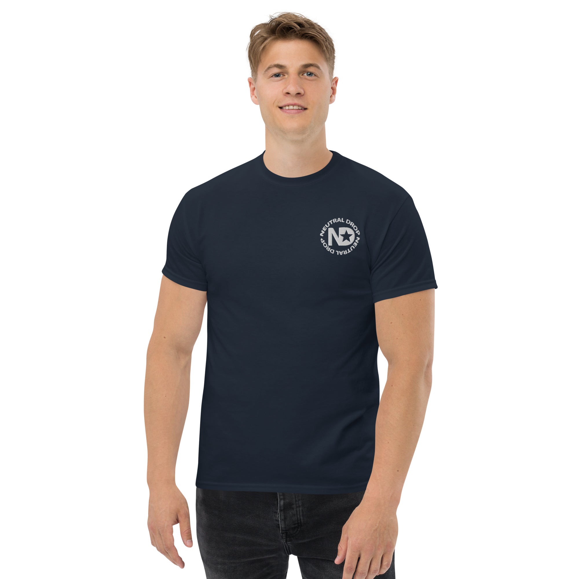 Men's classic tee w/Neutral Drop Logo on Front and No Mercy Reversie on back
