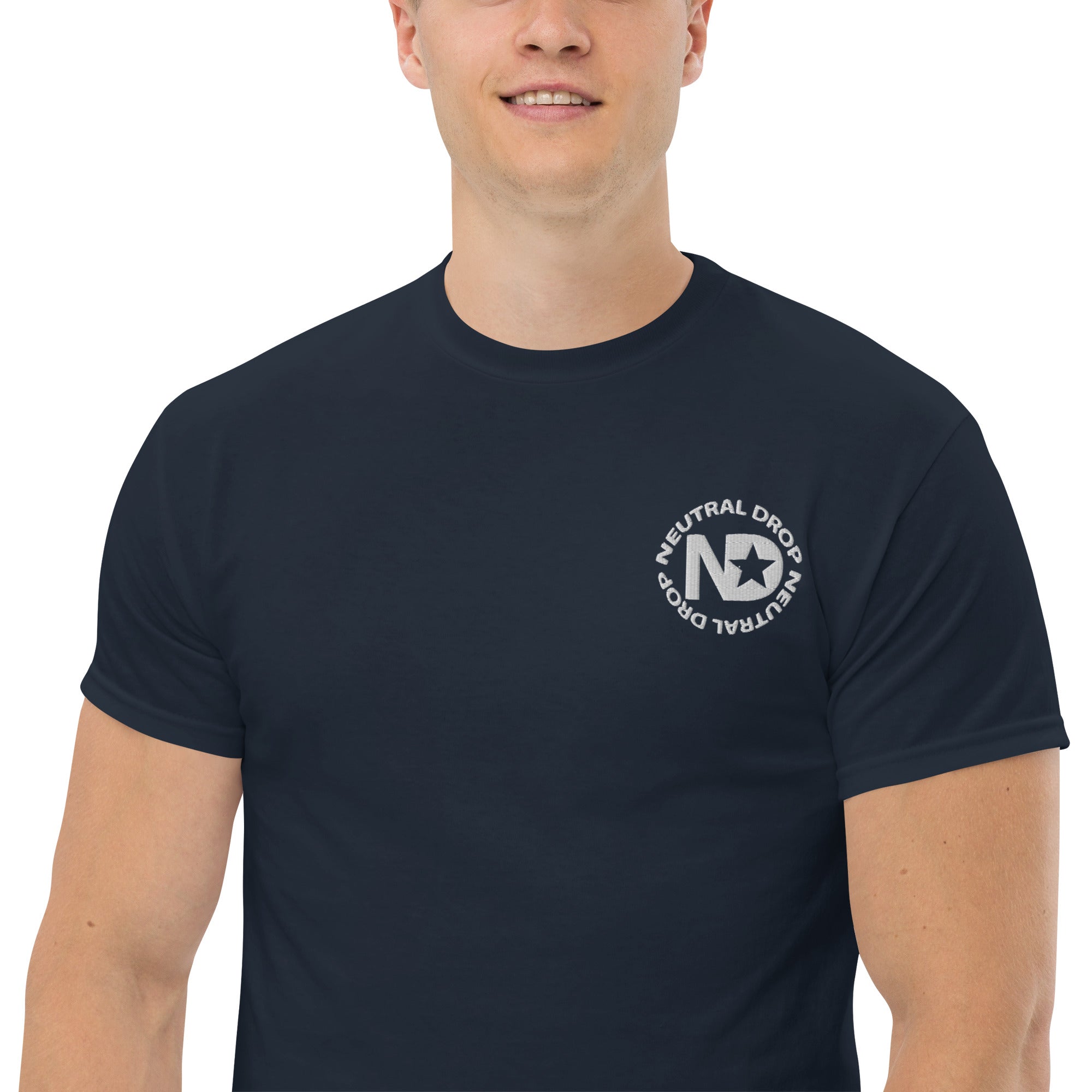 Men's classic tee w/Neutral Drop Logo on Front and No Mercy Reversie on back