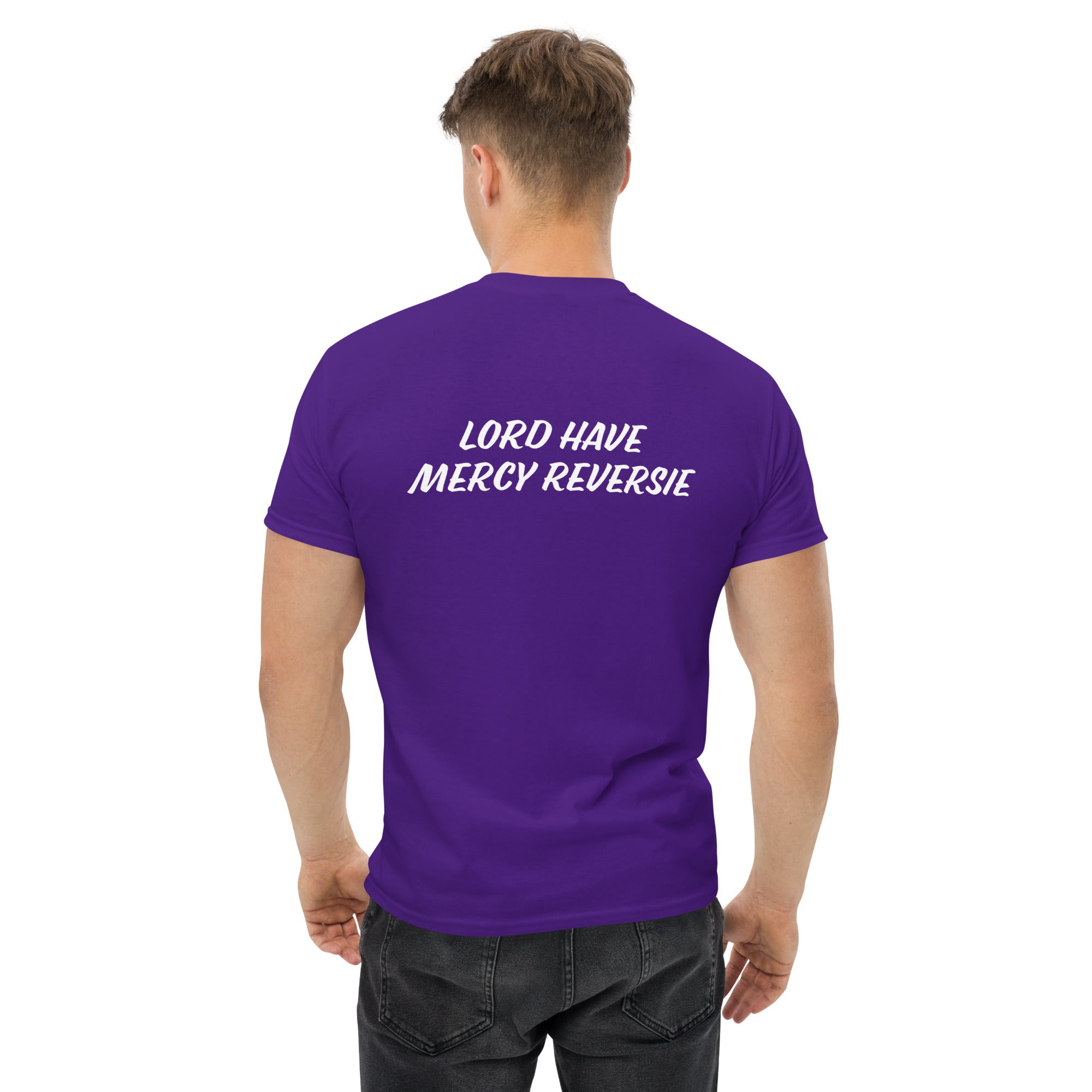 Men's classic tee w/Neutral Drop Logo on Front and No Mercy Reversie on back