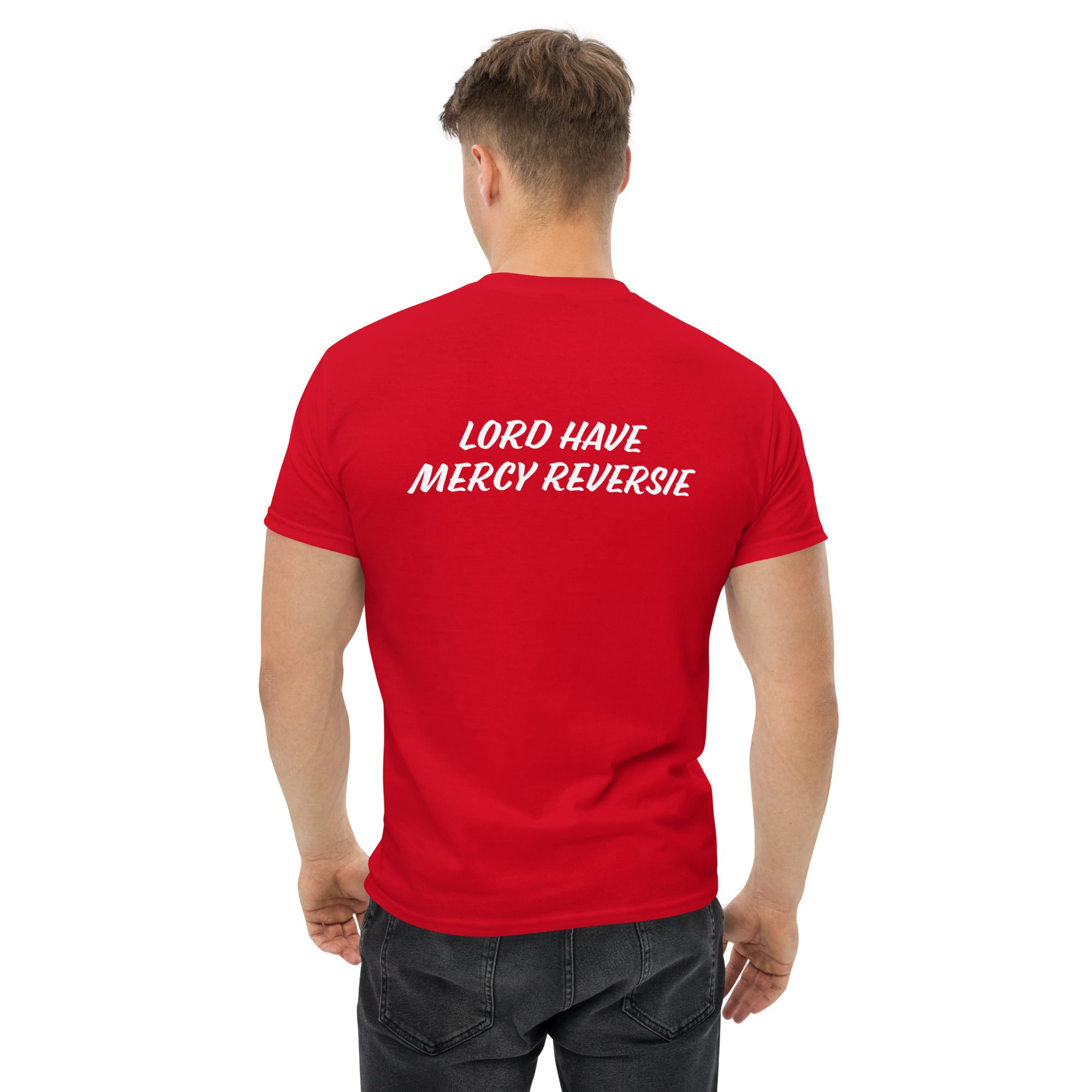 Men's classic tee w/Neutral Drop Logo on Front and No Mercy Reversie on back