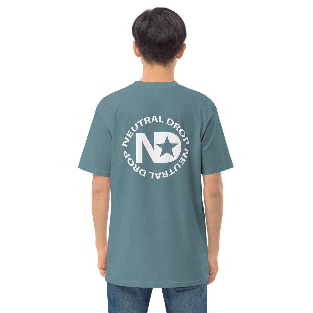 Men’s premium heavyweight tee Chubby Rubba on front Neutral Drop logo on back