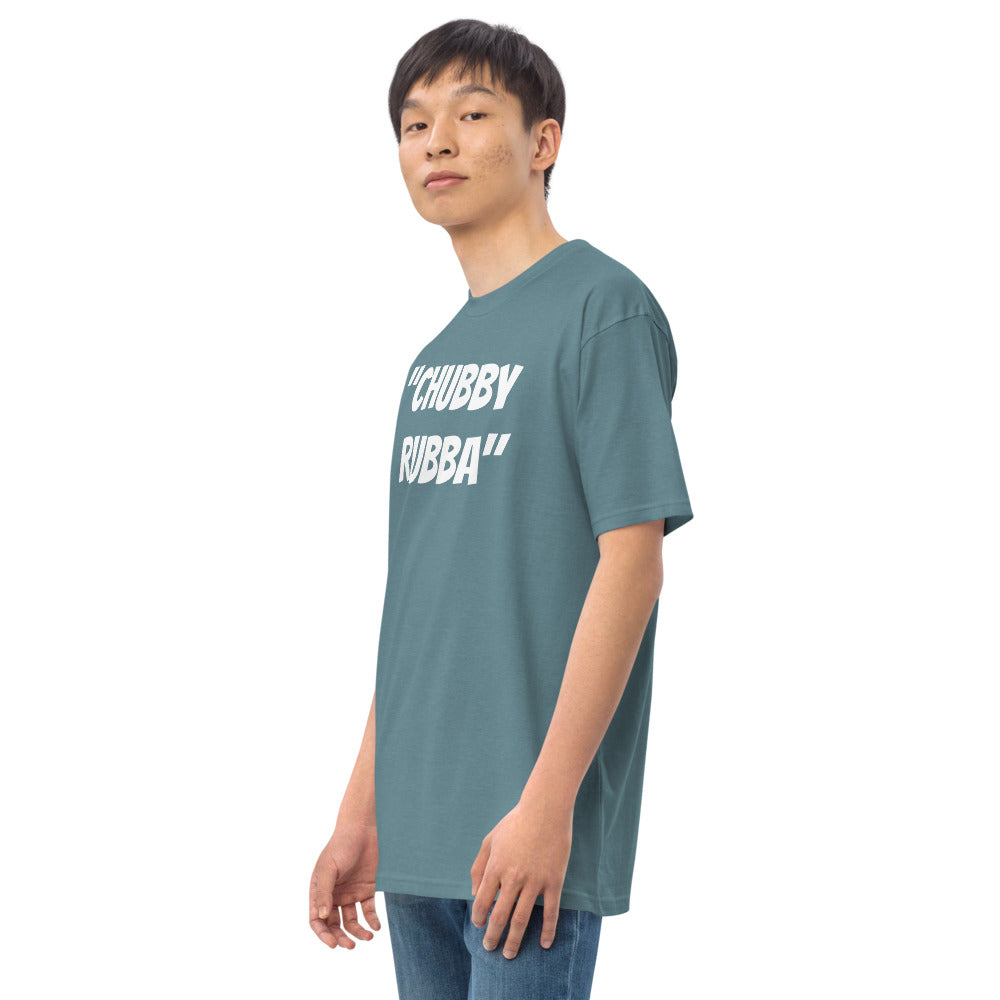 Men’s premium heavyweight tee Chubby Rubba on front Neutral Drop logo on back