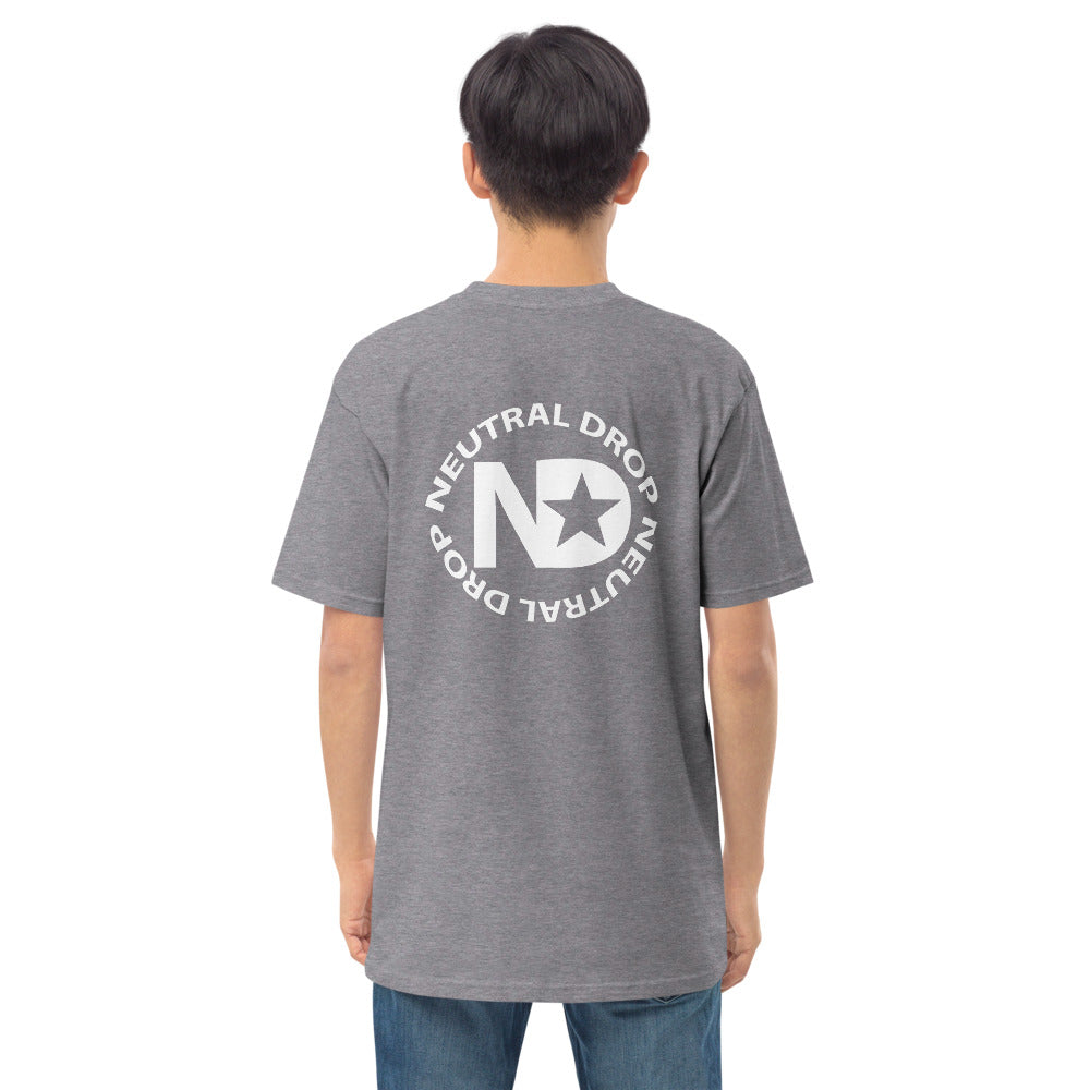 Men’s premium heavyweight tee Chubby Rubba on front Neutral Drop logo on back