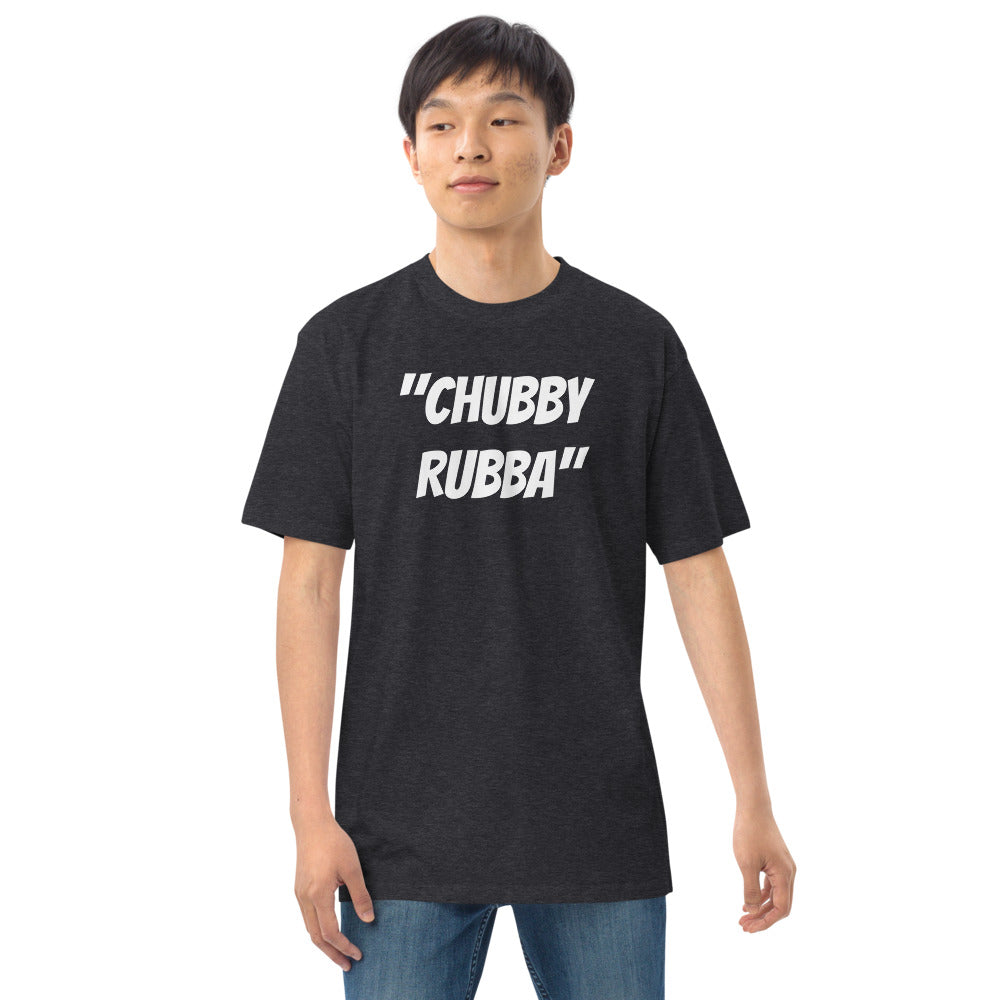 Men’s premium heavyweight tee Chubby Rubba on front Neutral Drop logo on back